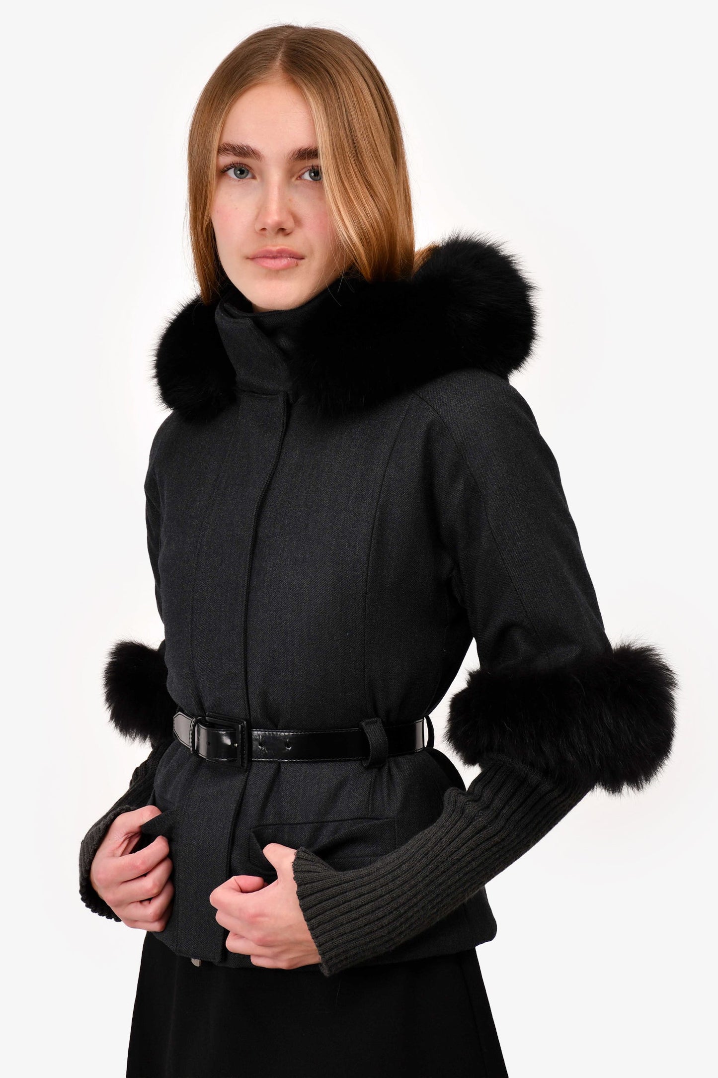 Christian Dior Grey Wool Fox Fur Trimmed Belted Jacket Size 2