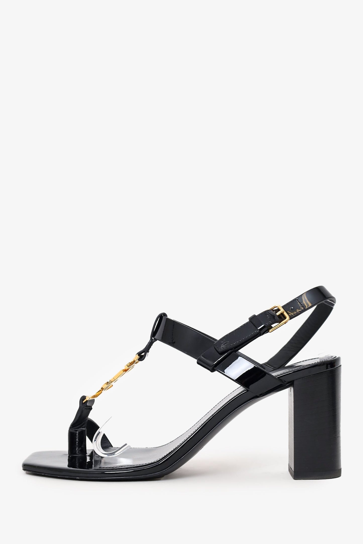 Saint Laurent Black Patent Cassandra Logo Heel Sandals Size 37