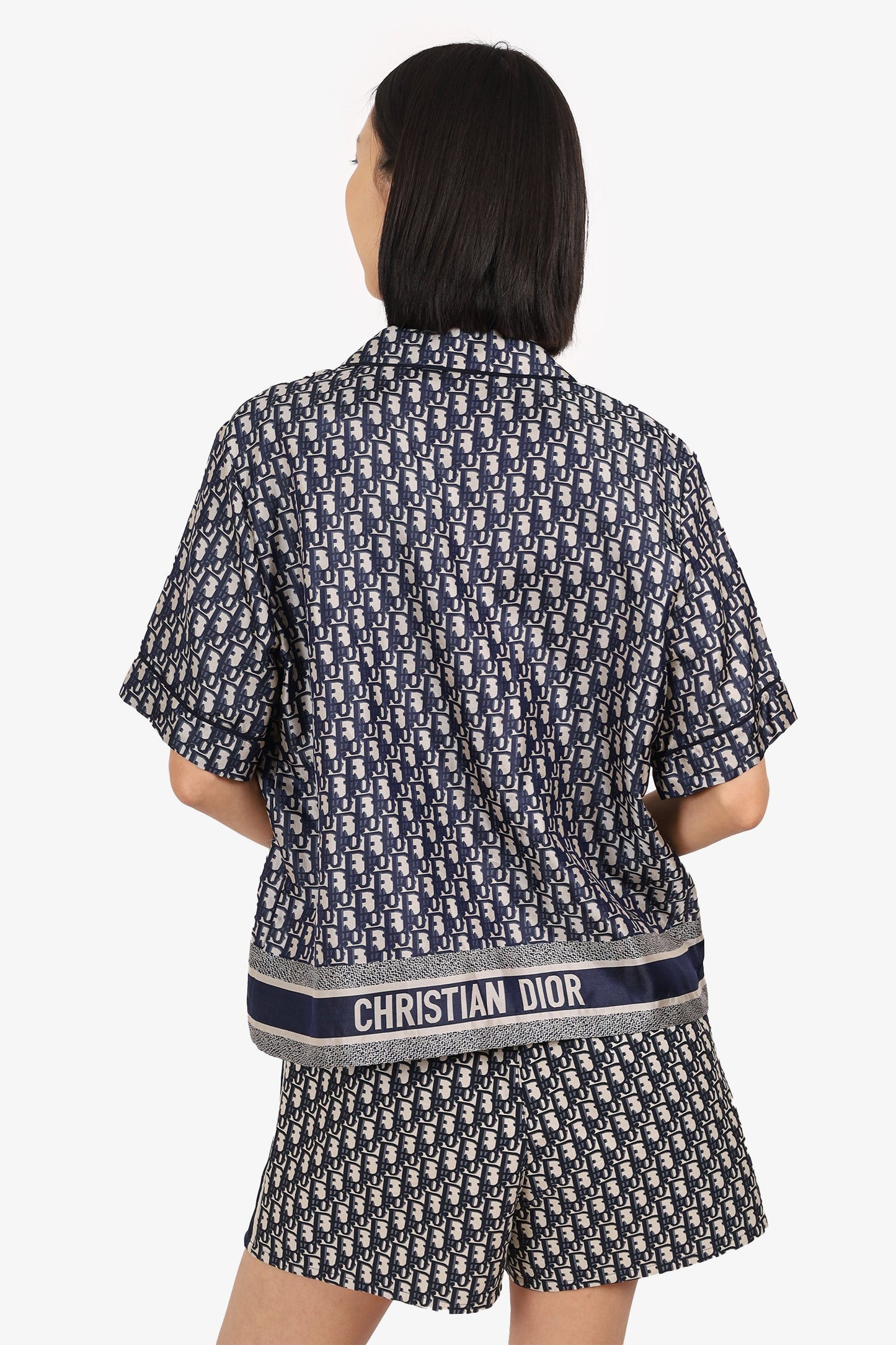 Christian Dior Navy/White Oblique Silk Short Sleeve Shirt Size 8
