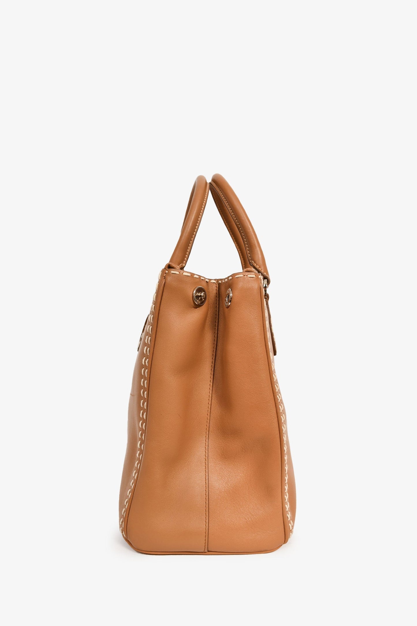 Prada Brown Leather White Stitch Double Zip 'Galleria' Top Handle with Strap