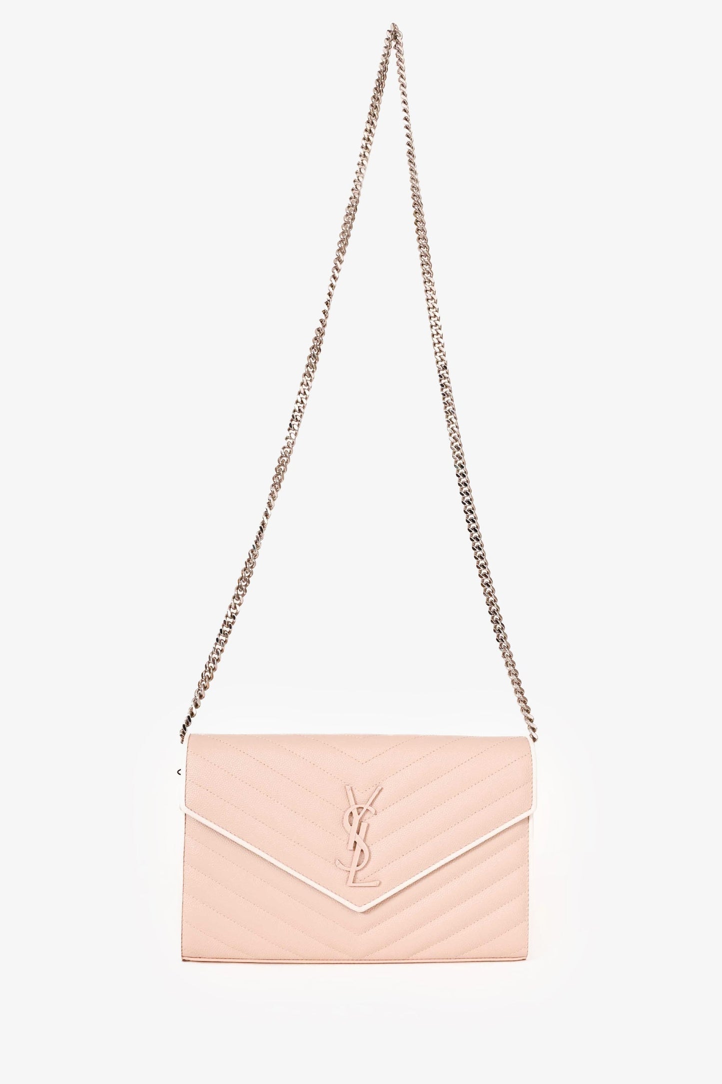 Saint Laurent Blush/White Trim Leather Chevron Wallet on Chain