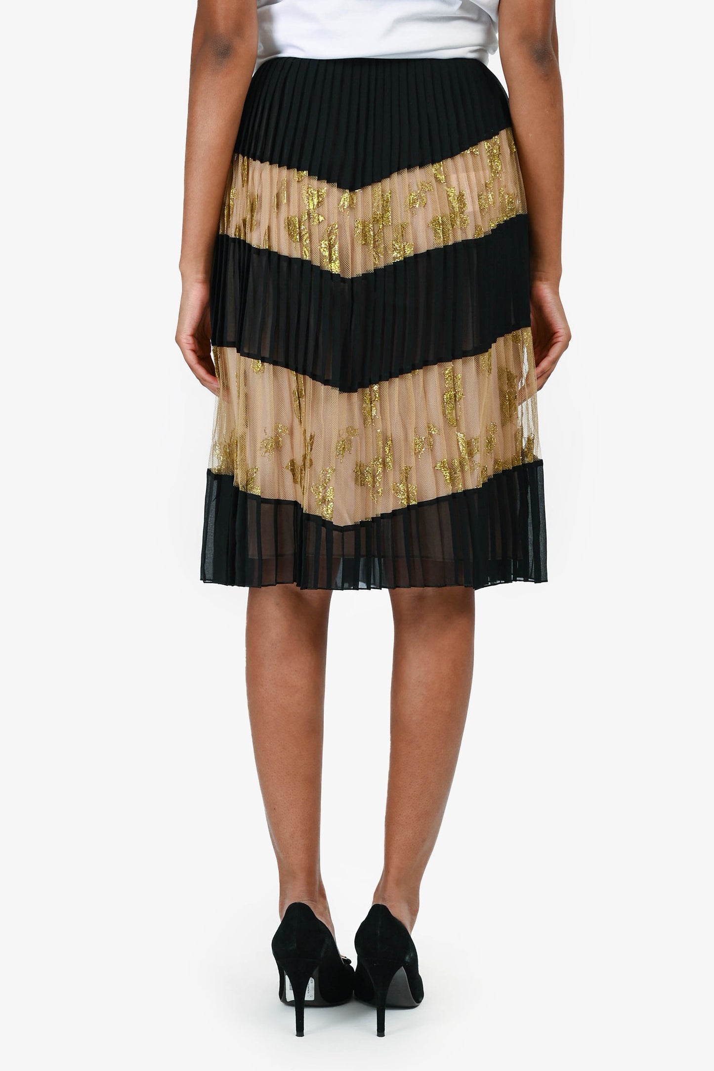 Gucci Black Pleated Gold Mesh Tulle Mini Skirt Size 36