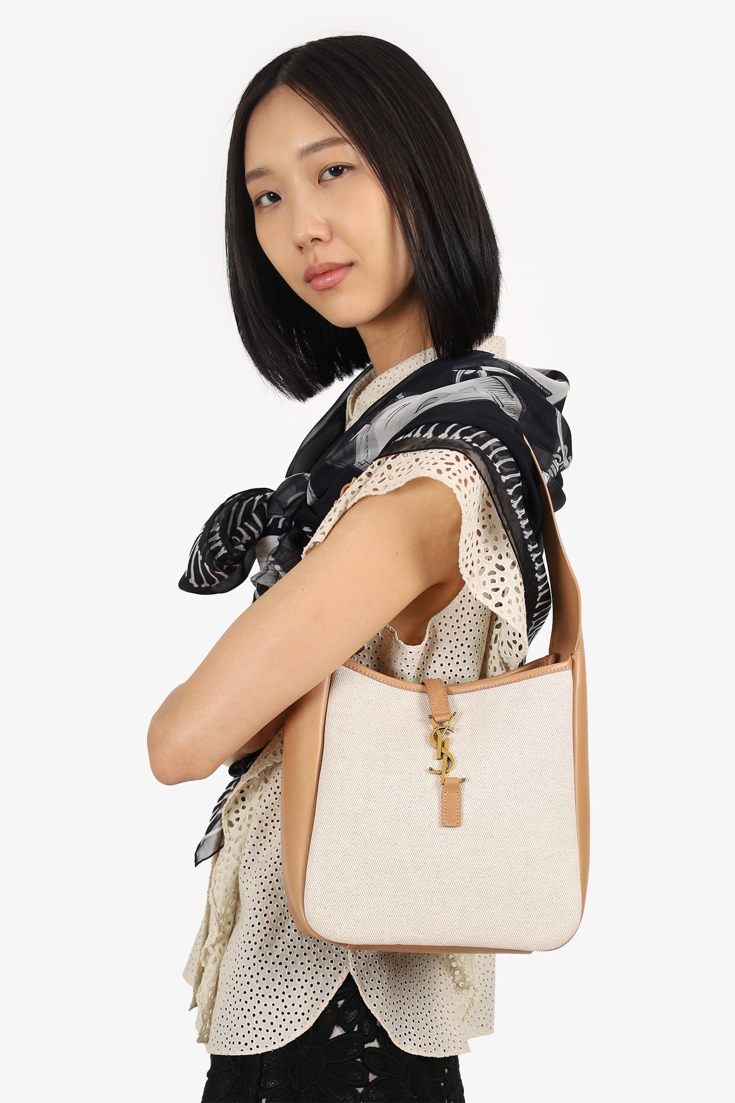 Saint Laurent Cream/Tan Leather/Canvas ‘LE 5 7 Small’ Shoulder Bag