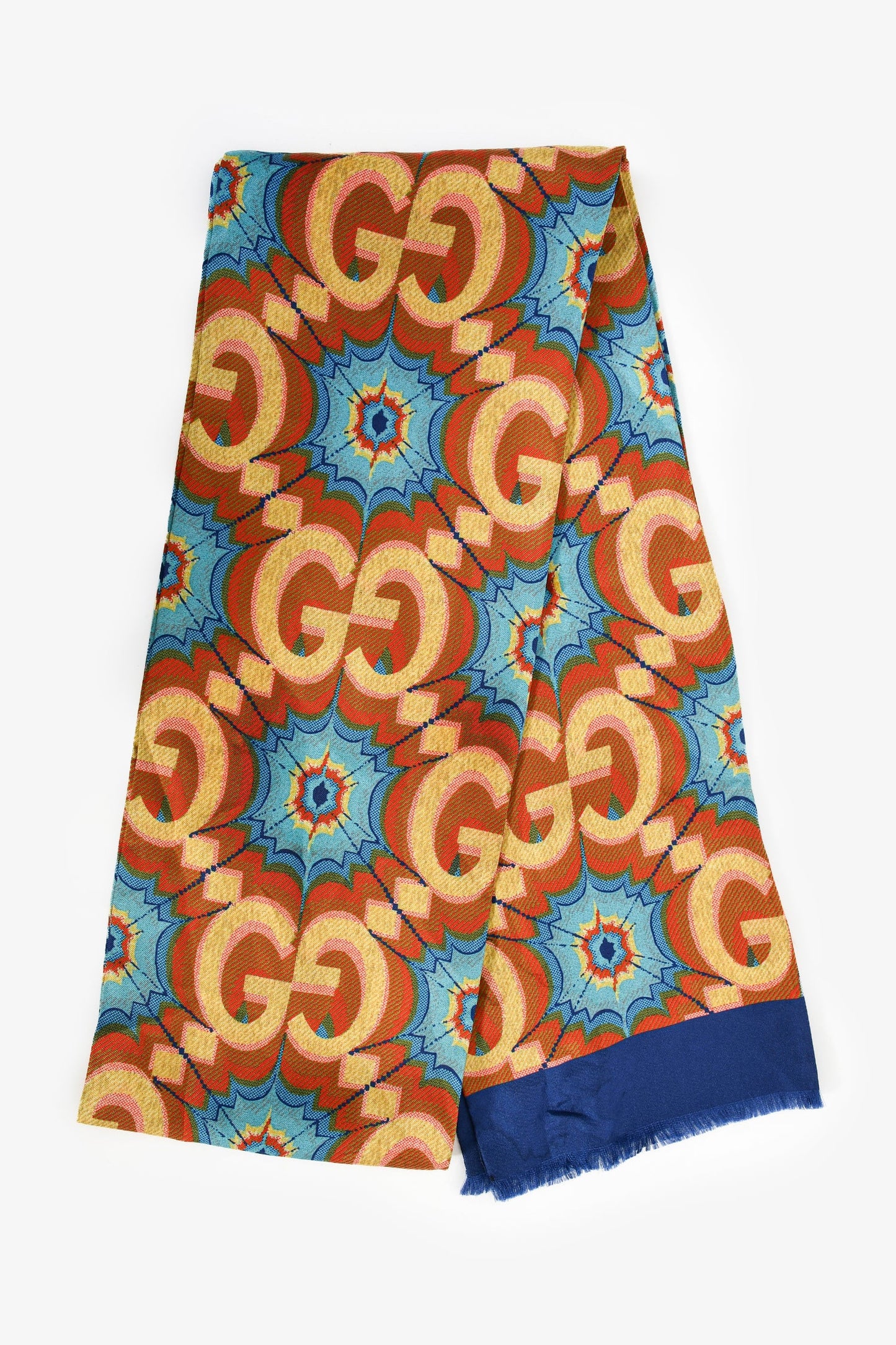 Gucci Brown/Blue Silk GG Graphic Scarf