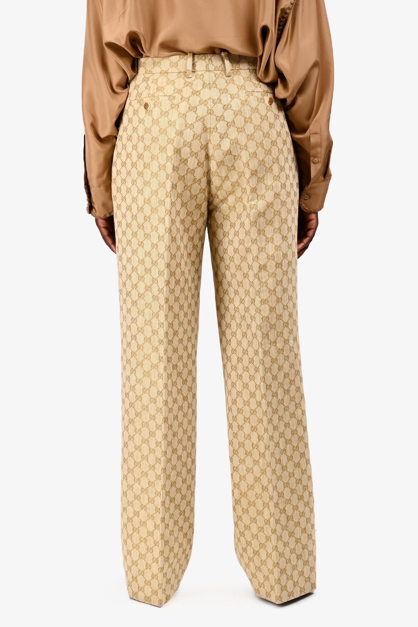 Gucci Beige GG Monogram Linen/Cotton Wide Leg Trousers Size 48