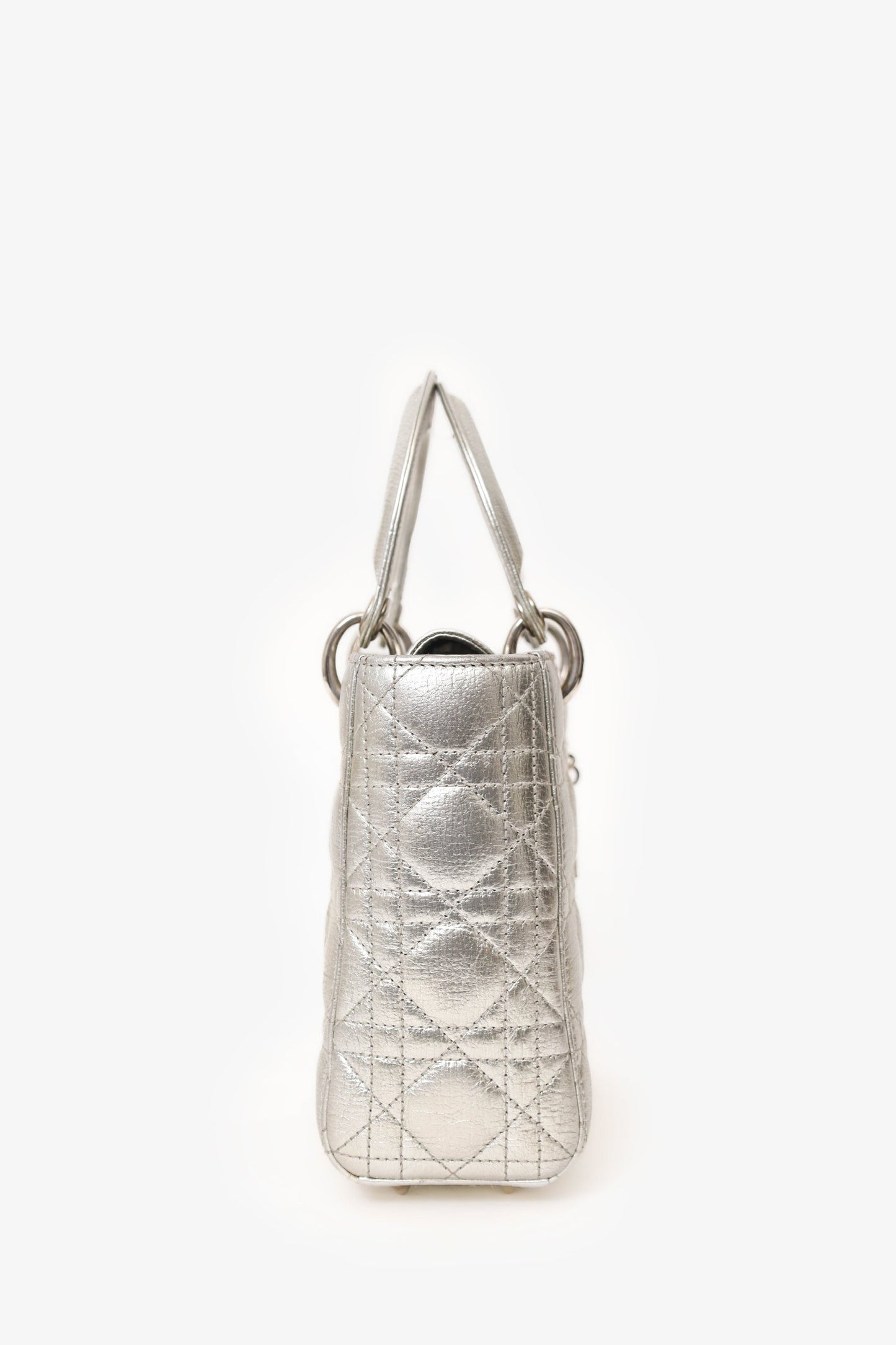 Christian Dior 2017 Silver Metallic Leather Cannage Small Lady Dior with Strap