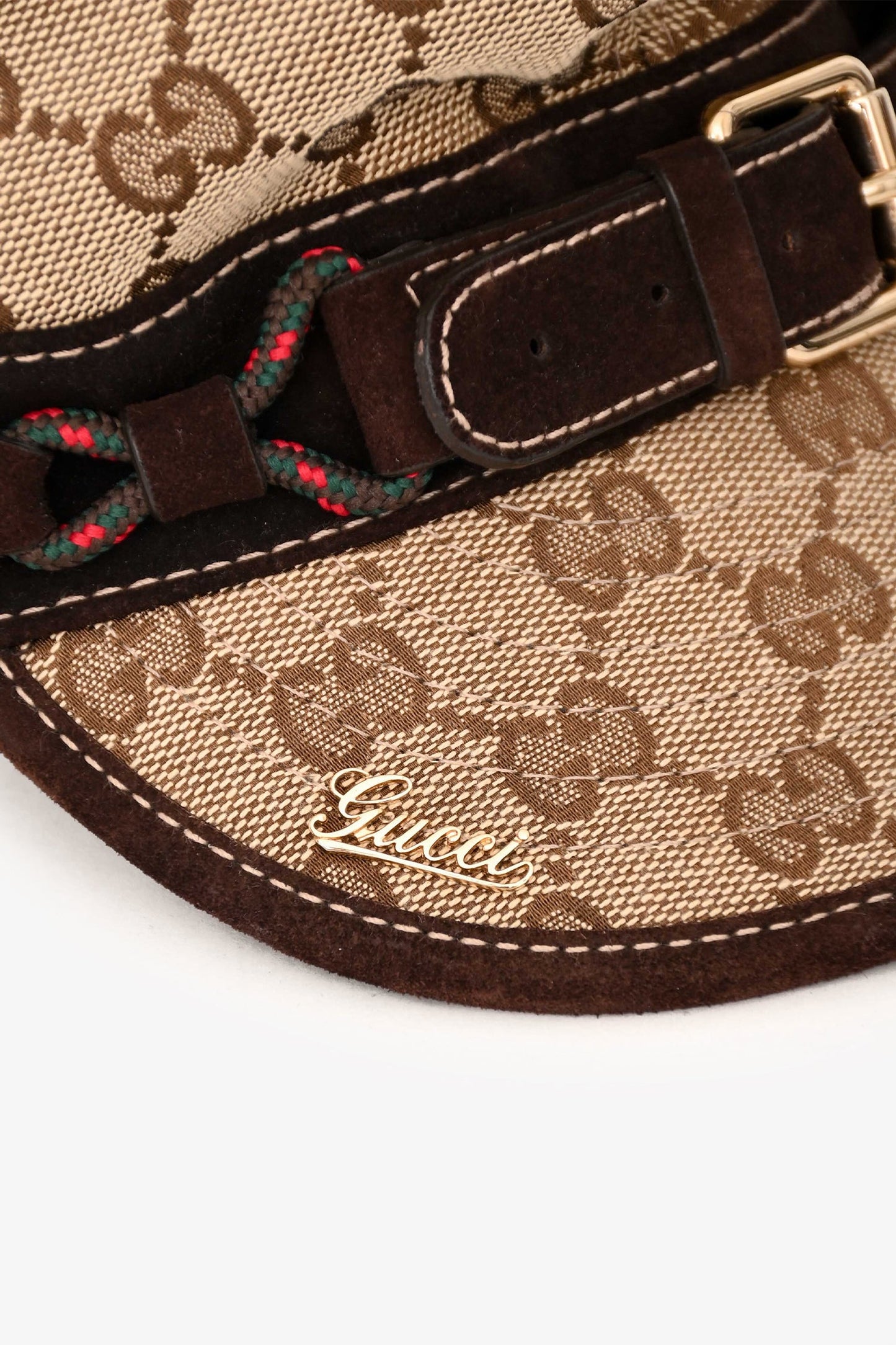 Gucci Brown Leather GG Supreme Buckle Detail Hat Size L