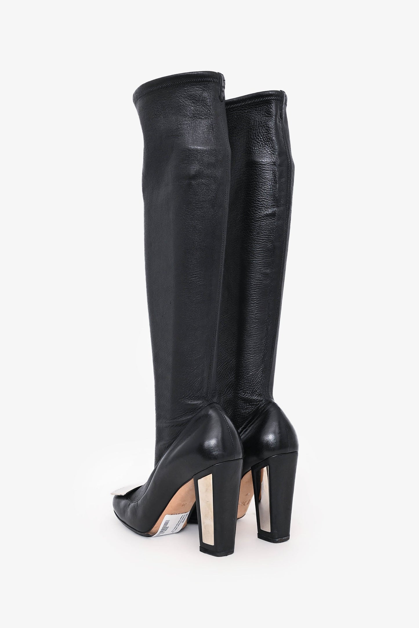 Christian Dior Black Leather Logo Plaque Knee High Boots Size 36