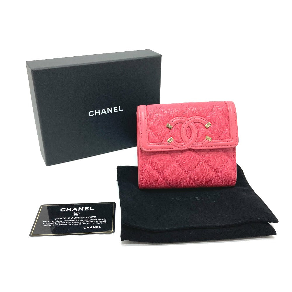 CHANEL Trifold wallet AP0375 Caviar skin Pink type CC filigree Matrasse Women Used