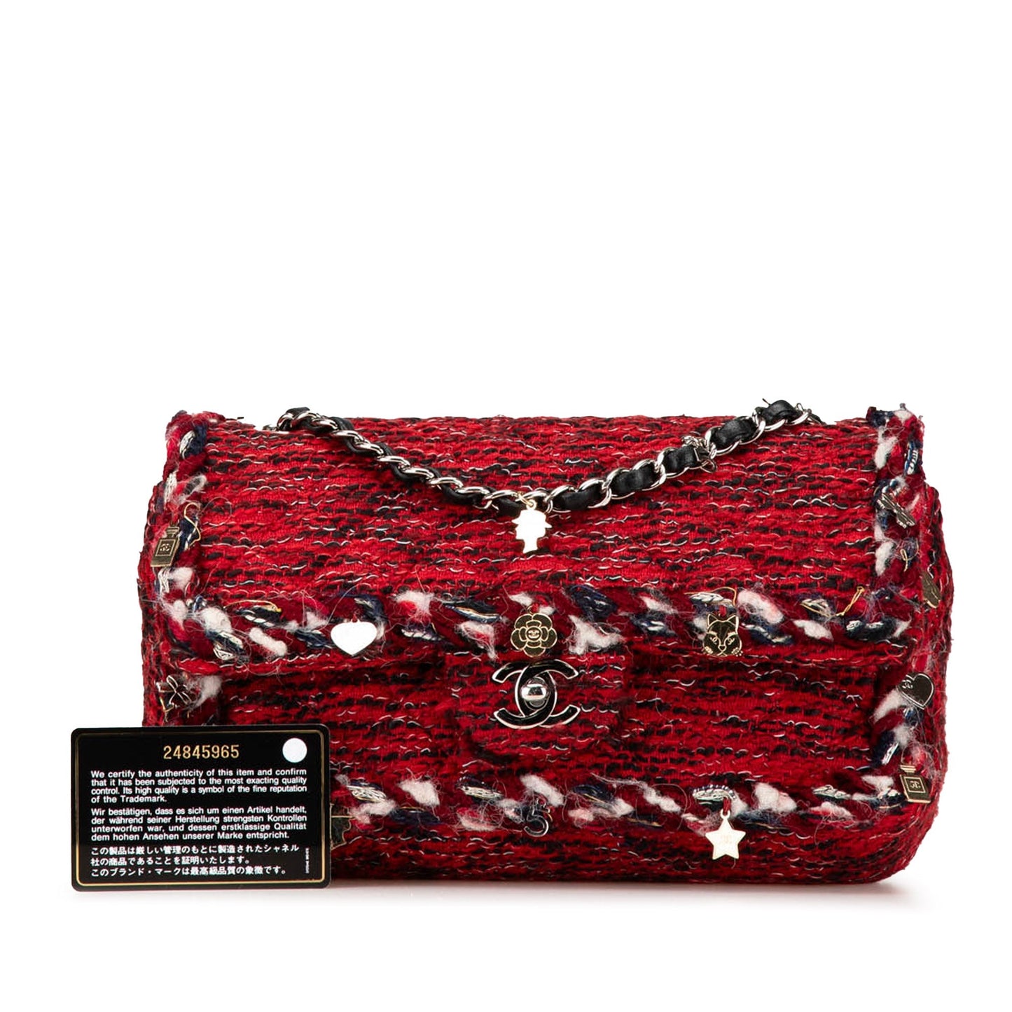Red Chanel Medium Tweed Braided Charms Double Flap Shoulder Bag