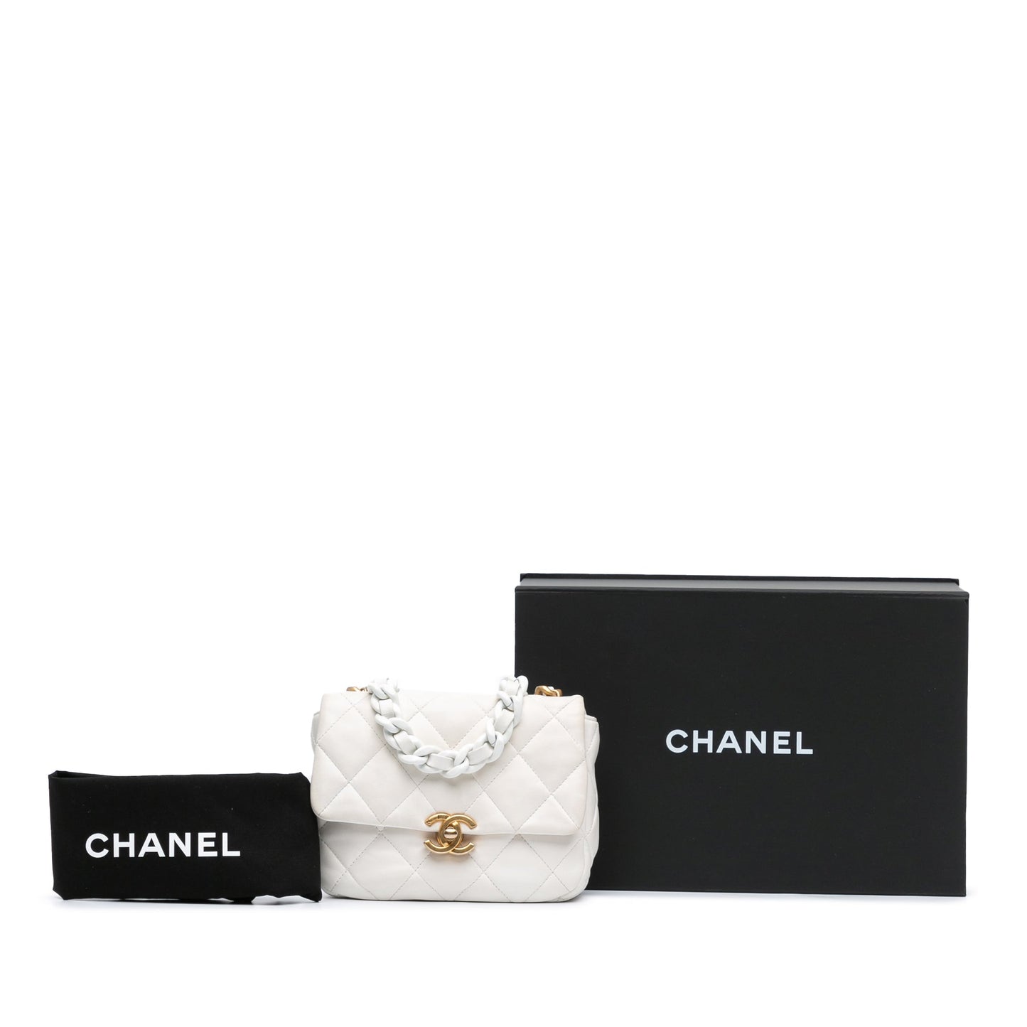 White Chanel Mini Quilted Lambskin Lacquered Chain Flap Crossbody Bag