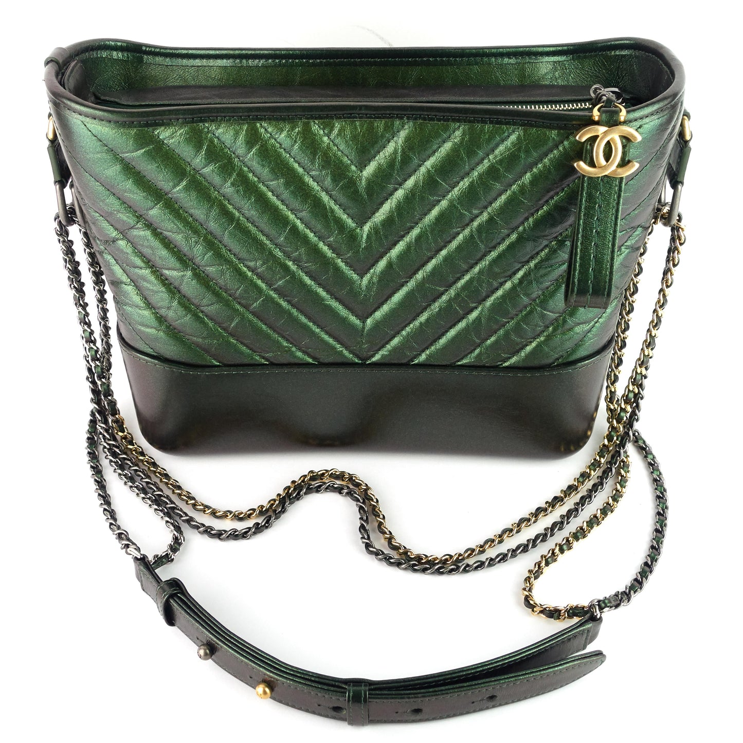 CHANEL Gabrielle Medium Chevron Metallic Leather Hobo Bag