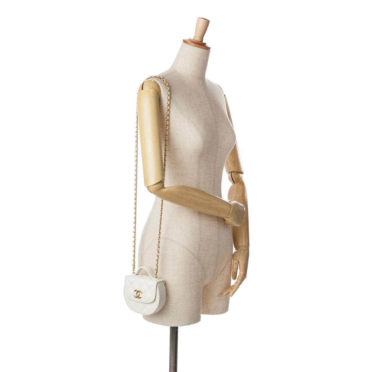 White Chanel Mini CC Quilted Aged Calfskin Top Handle Clutch with Chain