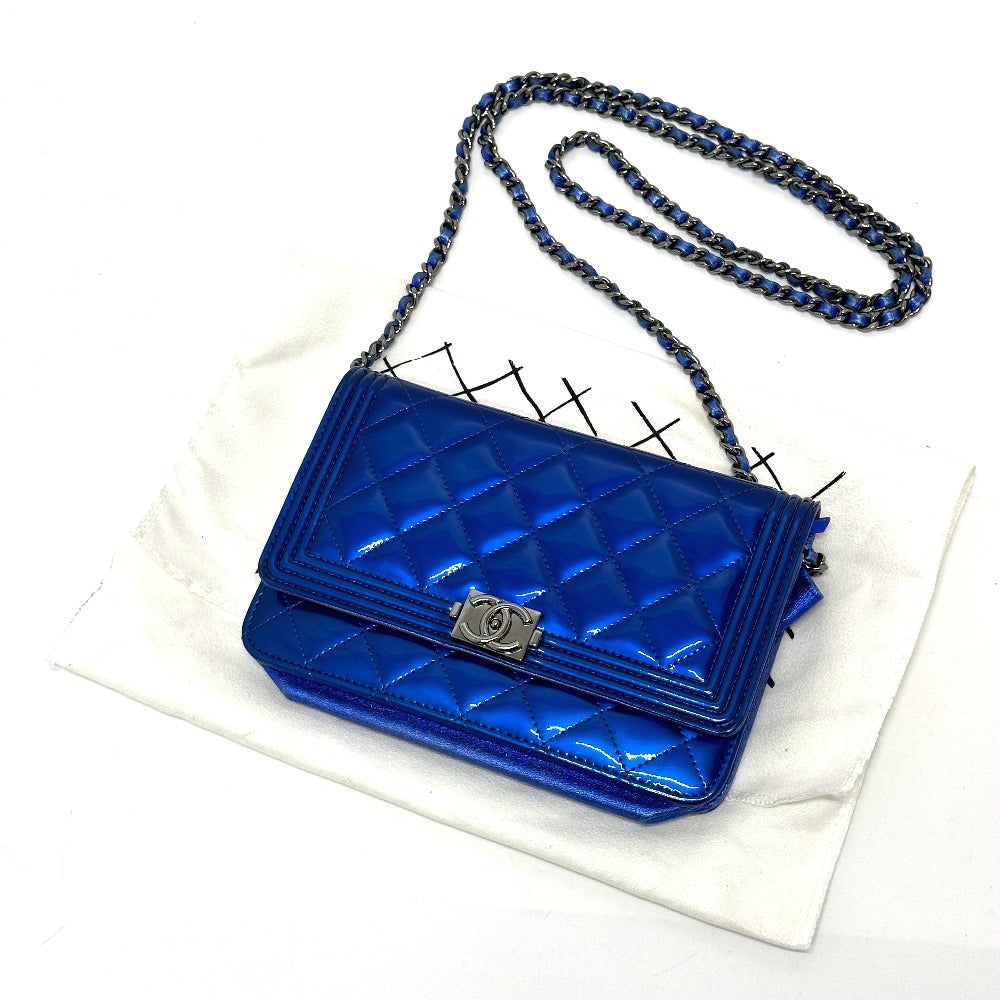 CHANEL Shoulder Bag Patent leather gunmetal blue Long Wallet Purse Bag Chain Bag Boy Chanel CC COCO Mark Women Used