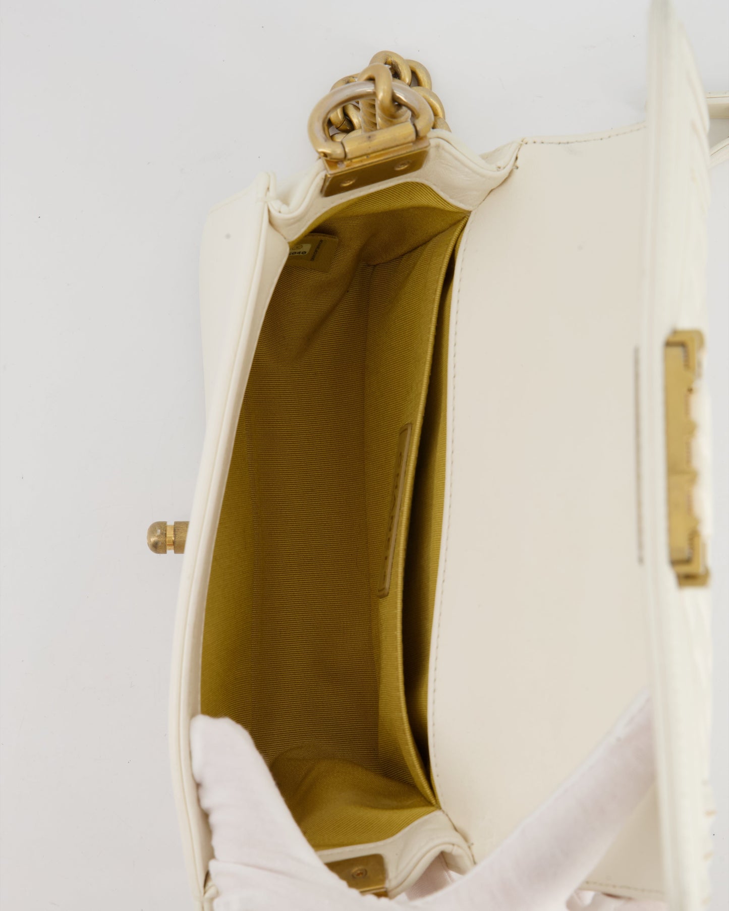 Chanel White and Gold Small Top Handle Boy Bag in Lambskin Leather with Brushed Gold Hardware