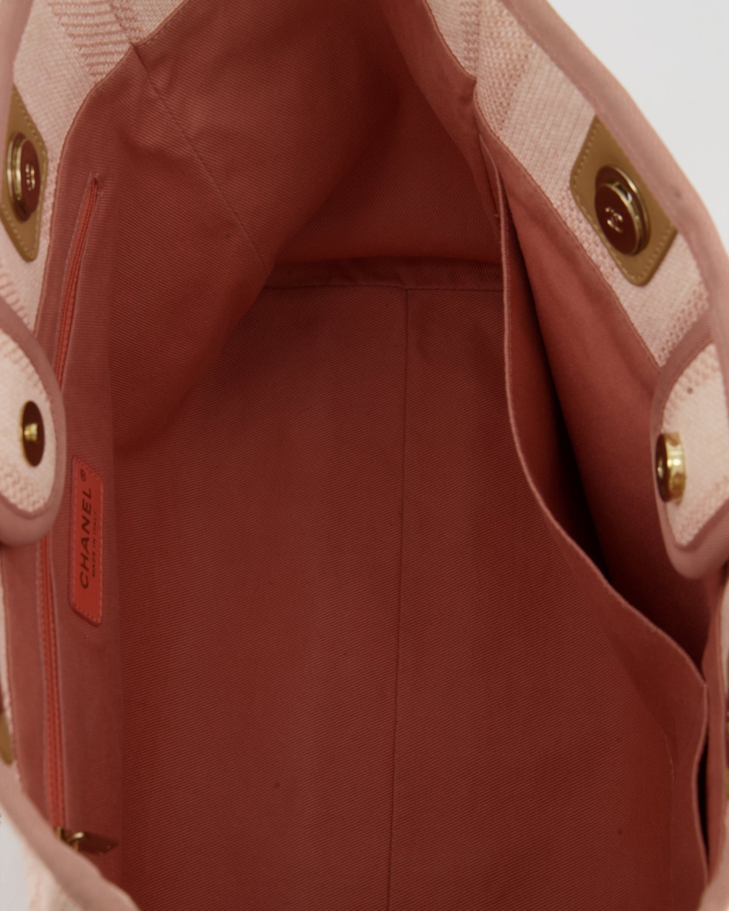 Chanel Small Pink Stripe Canvas Deauville Tote Bag with Logo Print and Champagne Gold Hardware