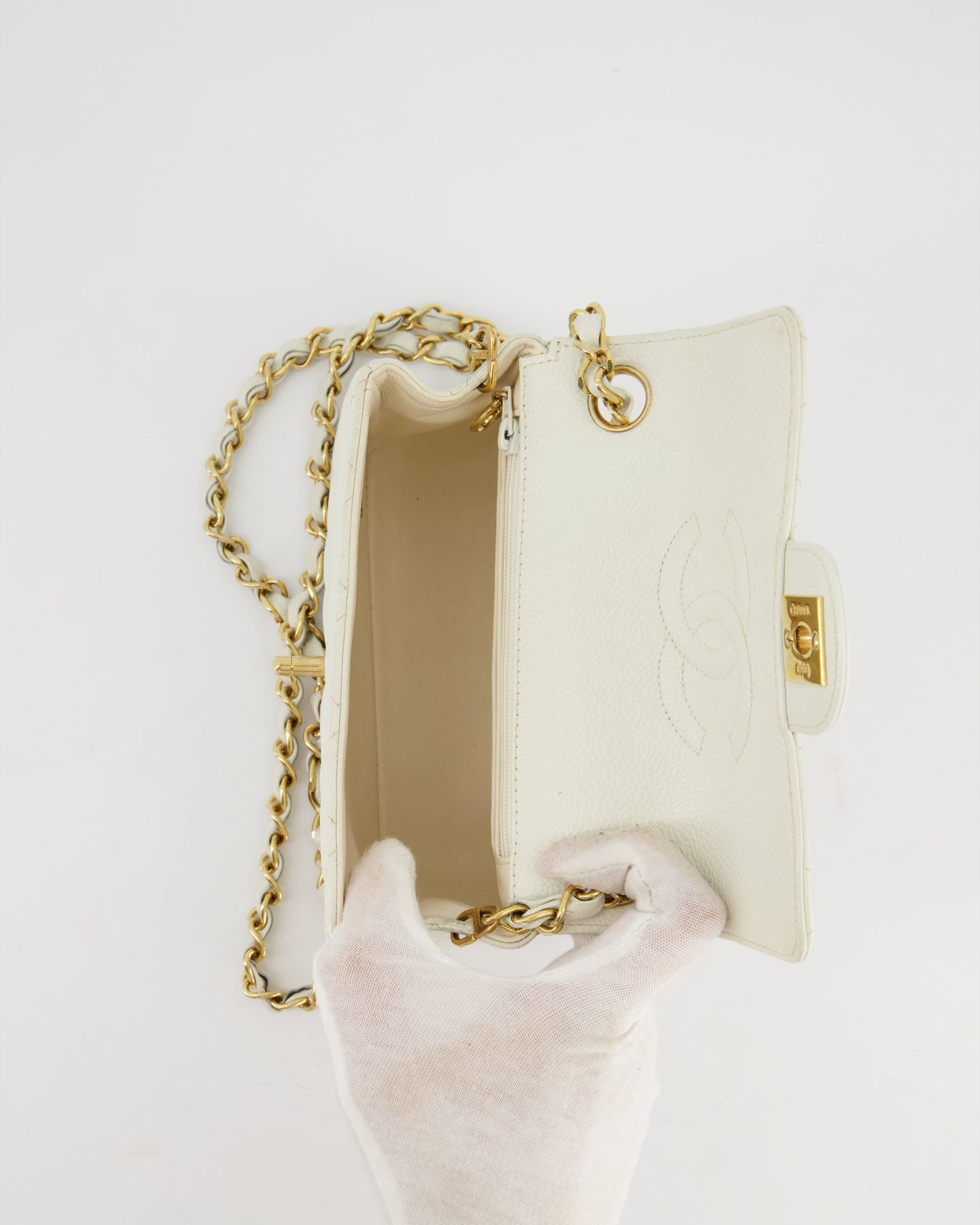 Chanel Vintage White Caviar Mini Square Flap Bag with 24K Gold Hardware