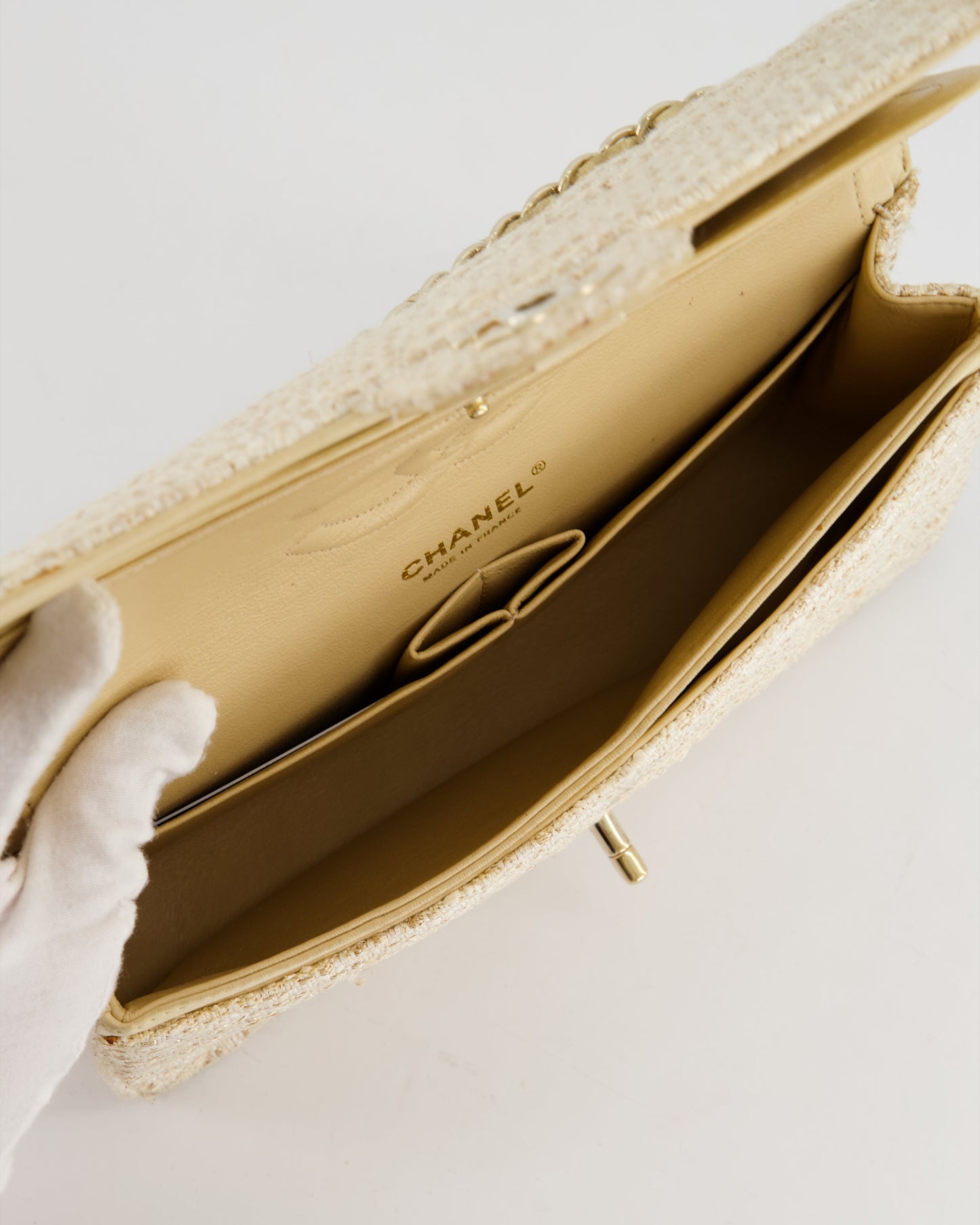 Chanel Medium Classic Double Flap Bag in Beige and Gold Tweed with Champagne Gold Hardware