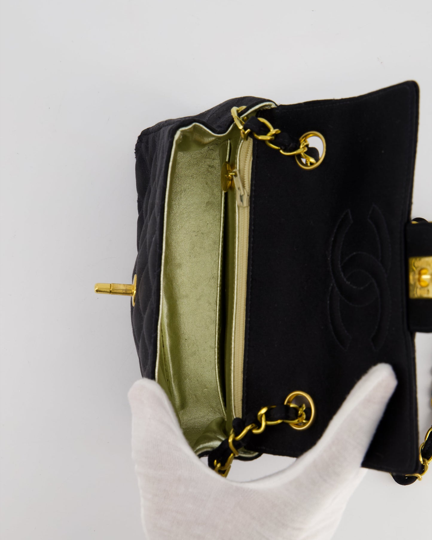 Chanel Vintage Satin Black Mini Square Flap Bag with 24K Gold Hardware