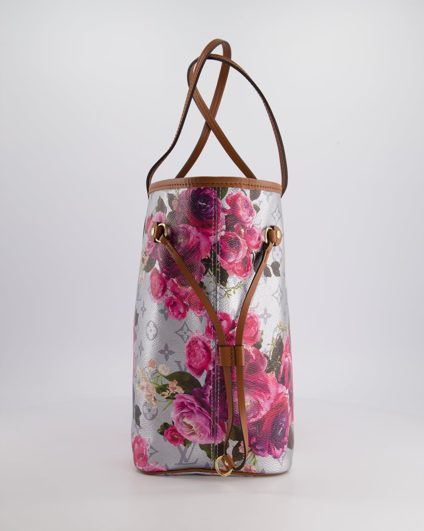 *LIMITED EDITION* Louis Vuitton Garden Capsule 2022 Neverfull MM Bag in Silver and Pink Floral Monogram Canvas with Brown Leather and Gold Hardware