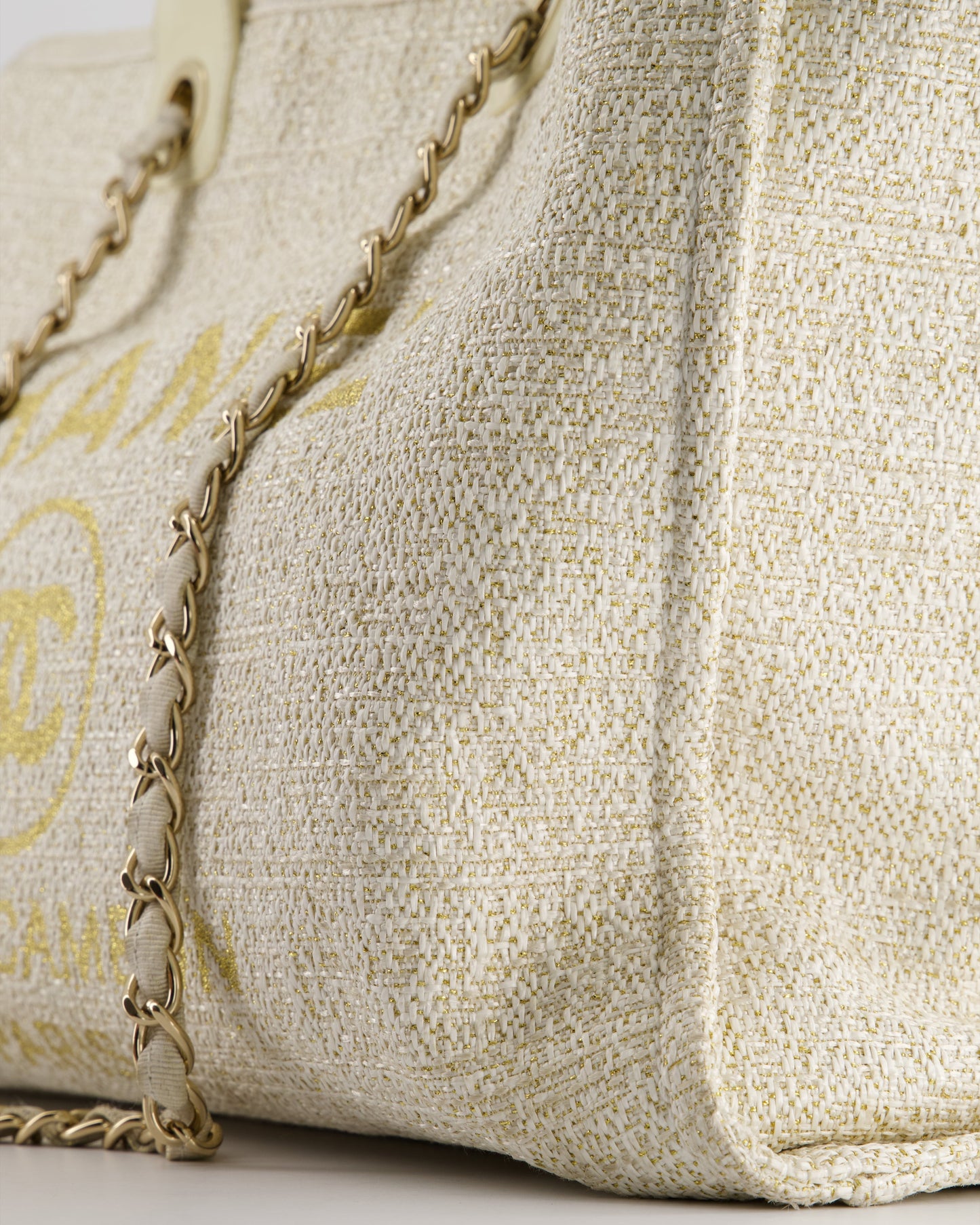Chanel Cream Tweed Large Deauville Tote Bag with Gold Fabric Detail & Champagne Gold Hardware