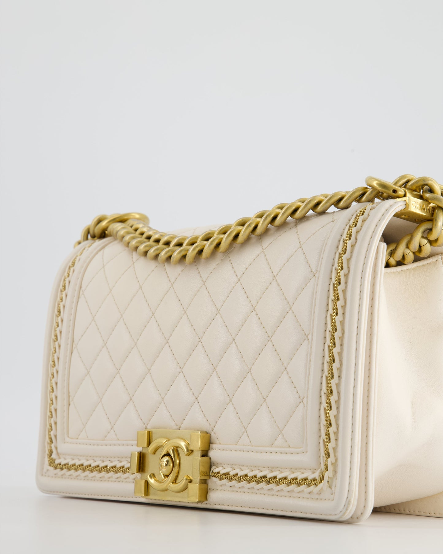 Chanel 17P White Medium Boy Bag in Lambskin Leather with Brushed Gold Hardware and Gold Chain Detail