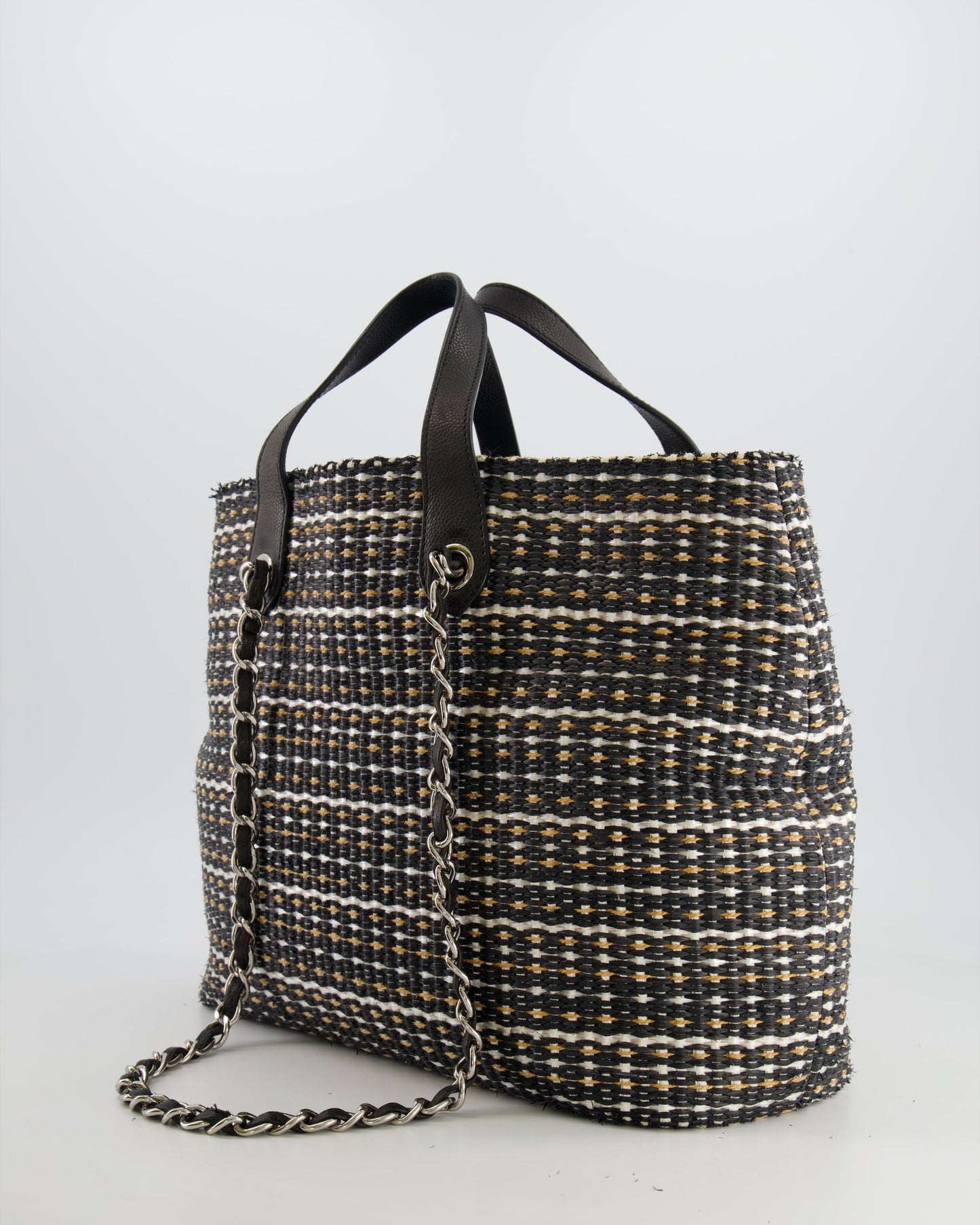 Chanel Black Raffia Chain CC Tote Bag with Silver Hardware