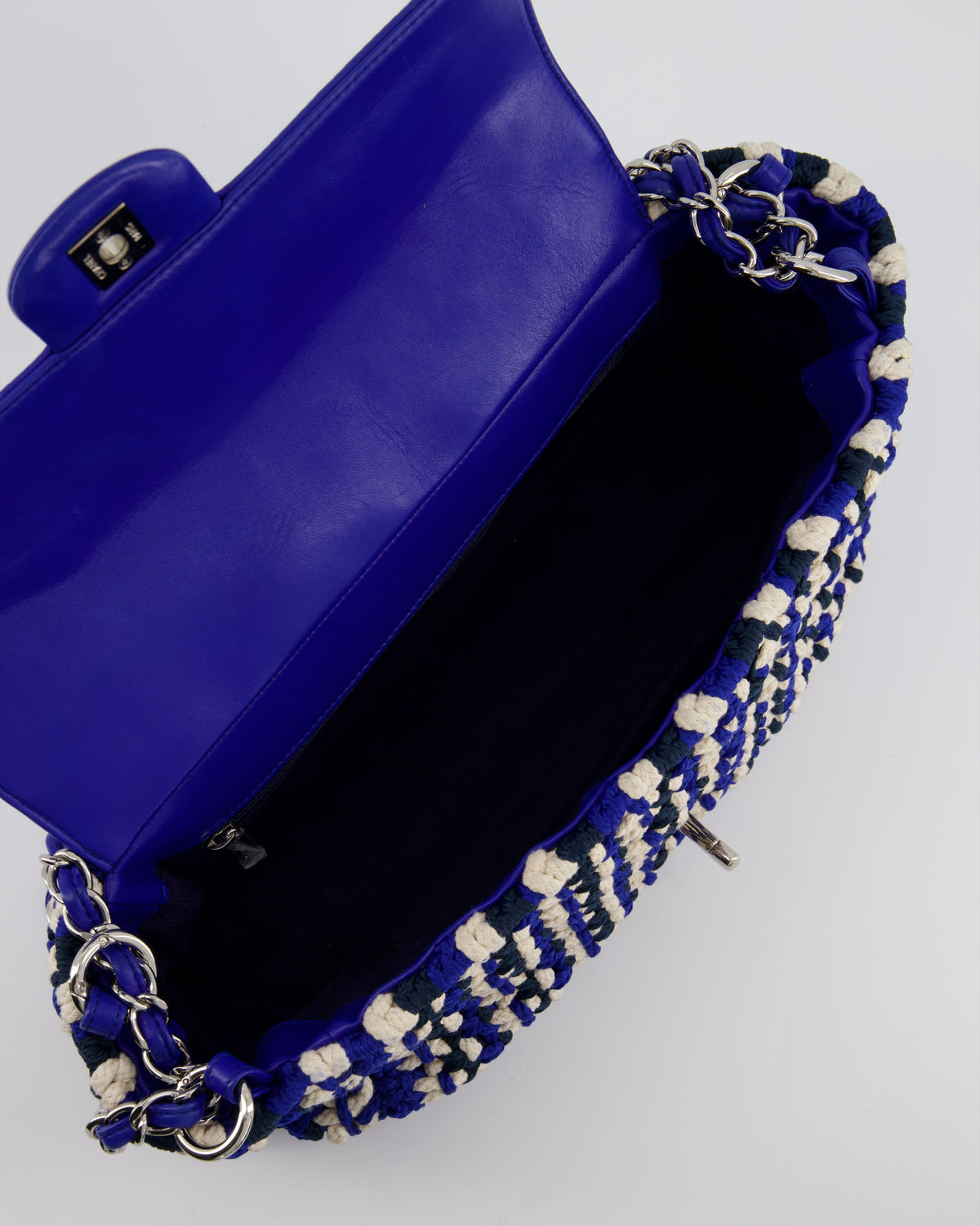 Chanel Navy, Blue and Cream Crochet Flap Bag with Silver Hardware