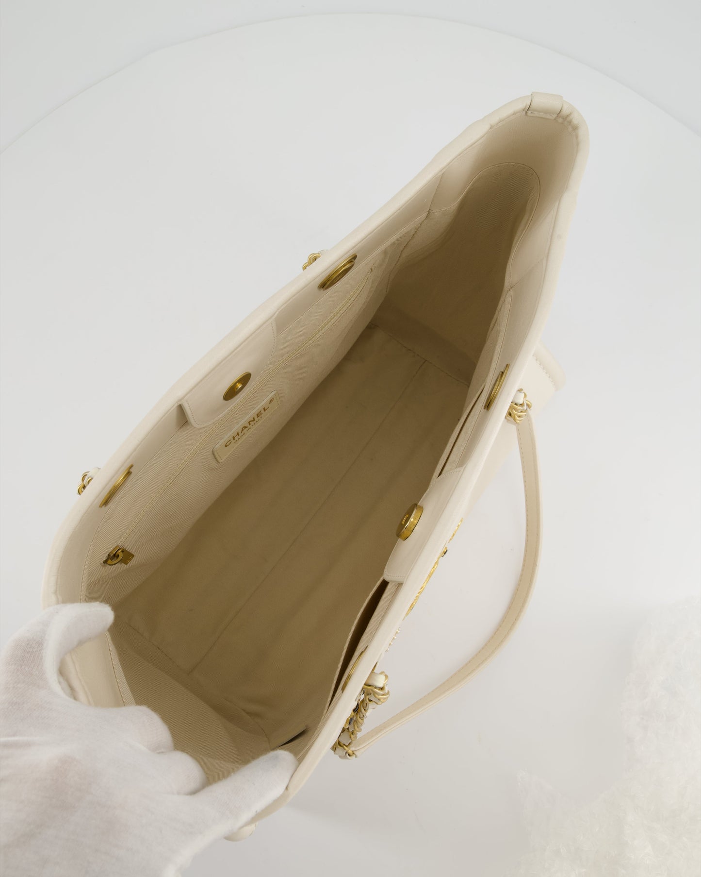 Chanel White Leather Deauville Tote Bag with Gold Hardware
