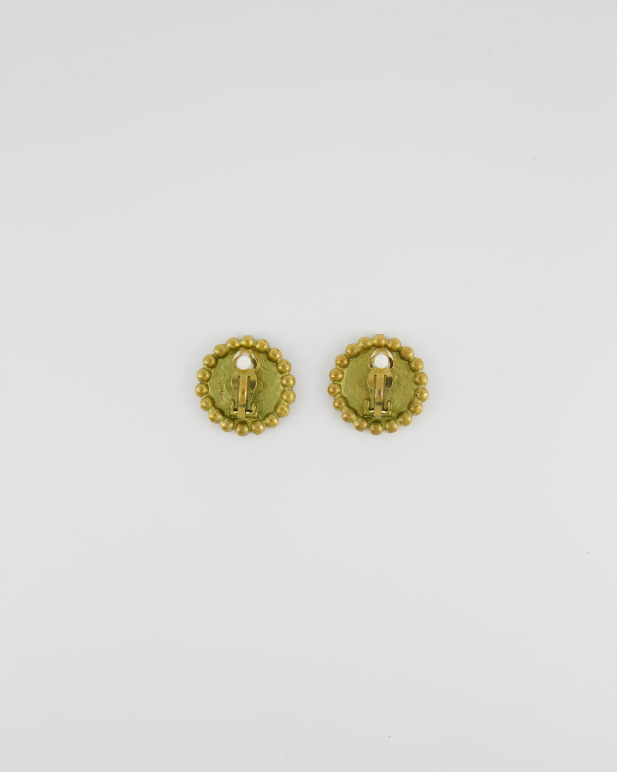 Chanel Vintage Brushed Gold Round Clip-On Earrings with Black CC Logo Detail