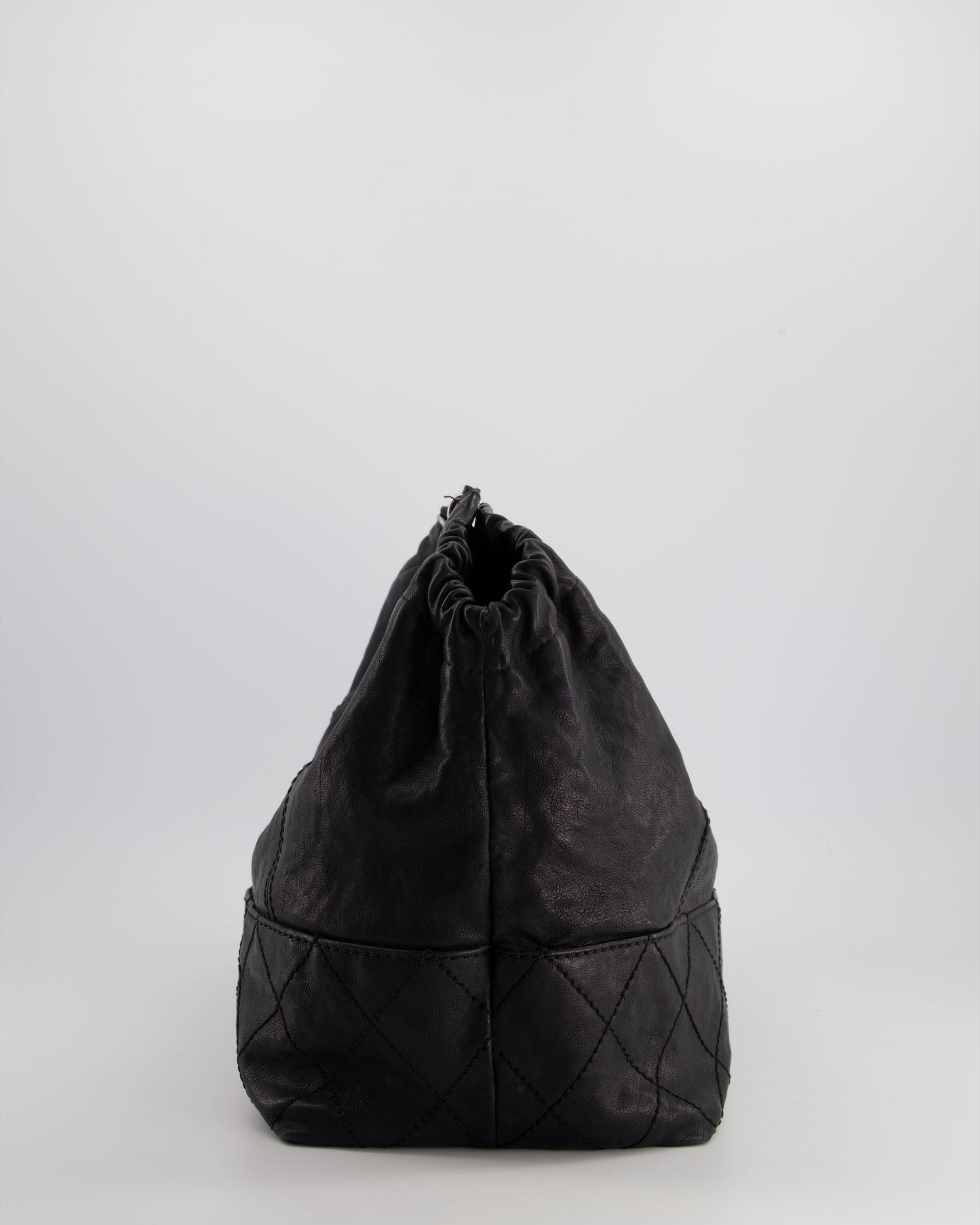 Chanel Black Aged Calfskin Leather Shopper Tote Bag with Silver Metal CC Charm