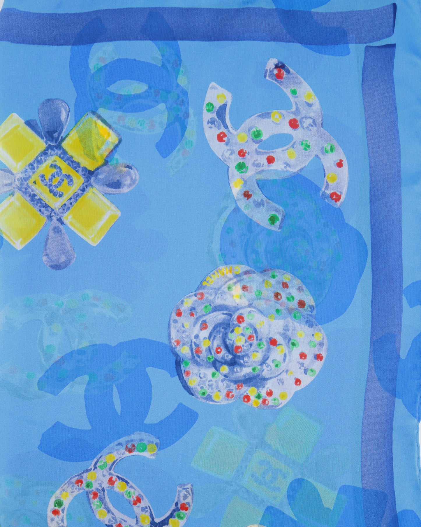 Chanel Blue Printed Silk Scarf with CC Logo Camellia Detail
