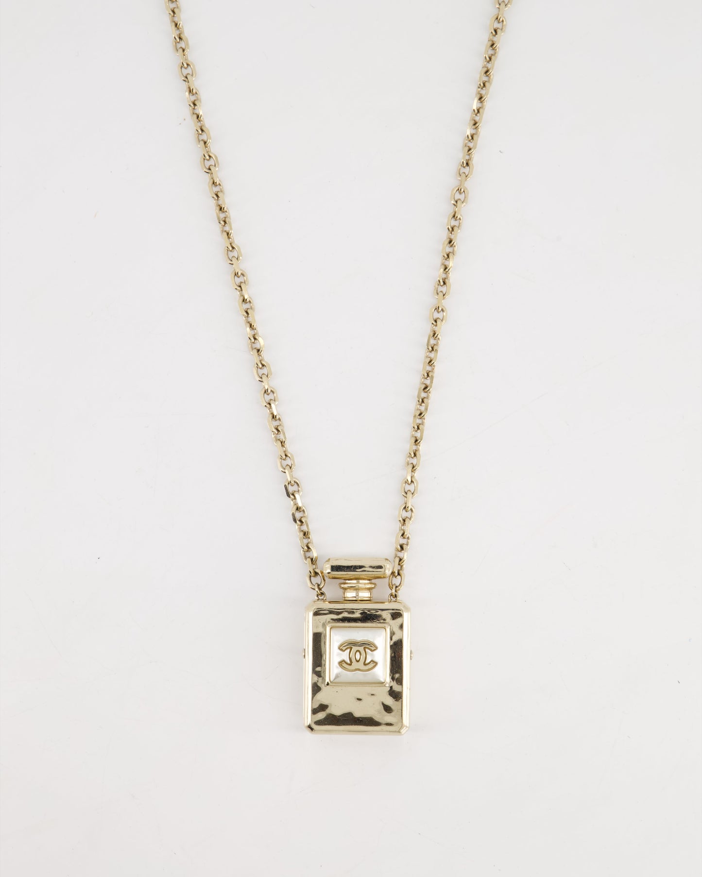 Chanel Champagne Gold Perfume Bottle Pendant Necklace with Pearl CC Logo