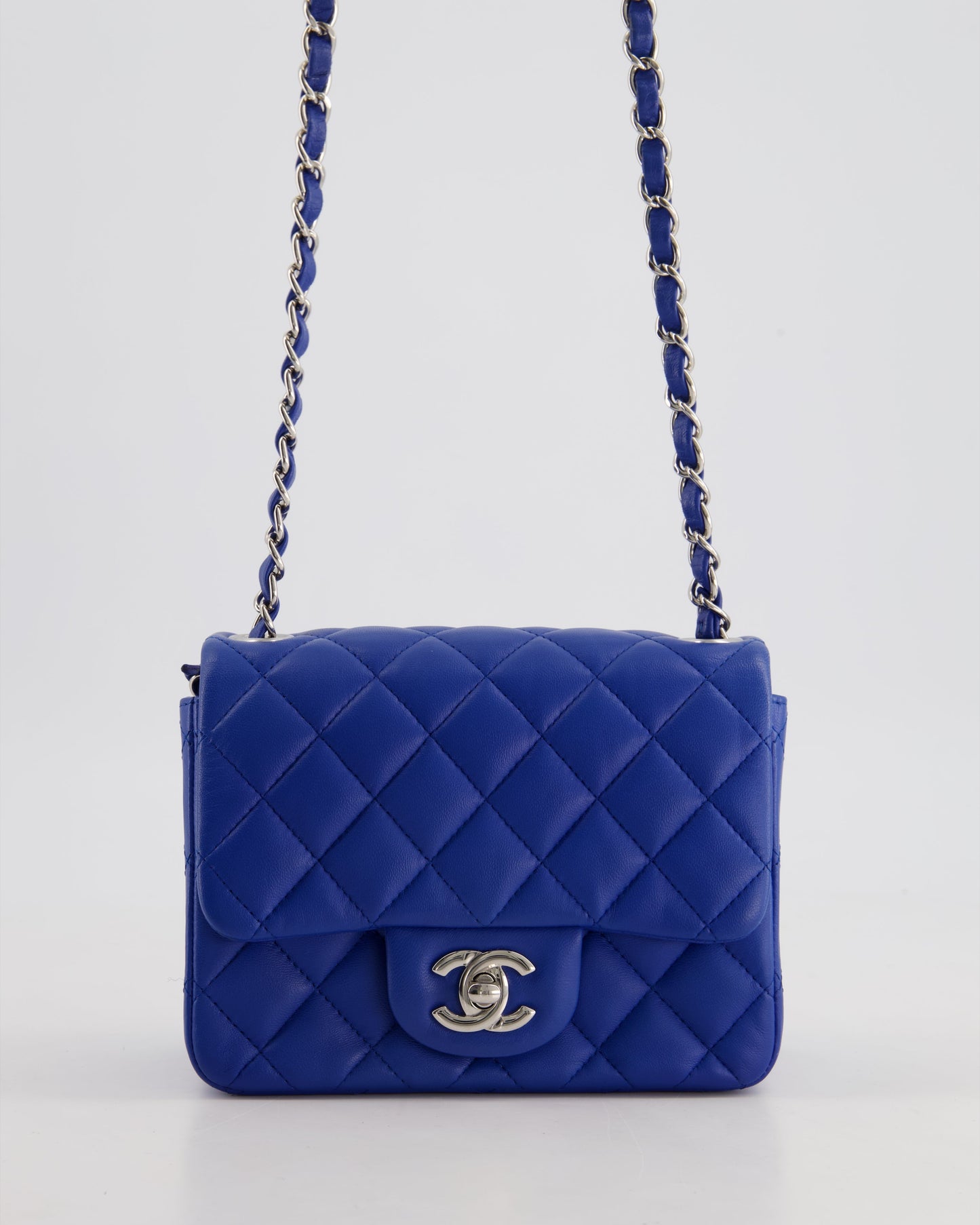 Chanel Electric Blue Square Mini Flap Bag in Lambskin Leather with Silver Hardware