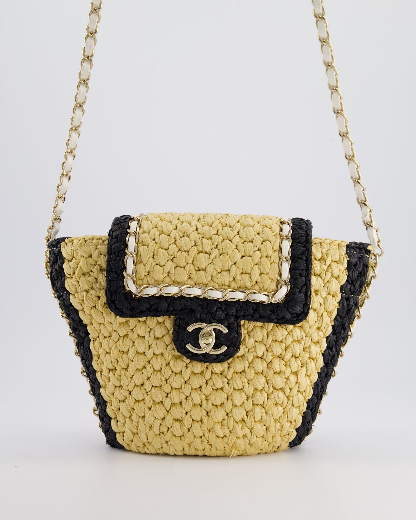 *HOT* Chanel 24C Venice Collection Beige Raffia Basket Bag with White Leather Interlocking Chain & Champagne Gold Hardware
