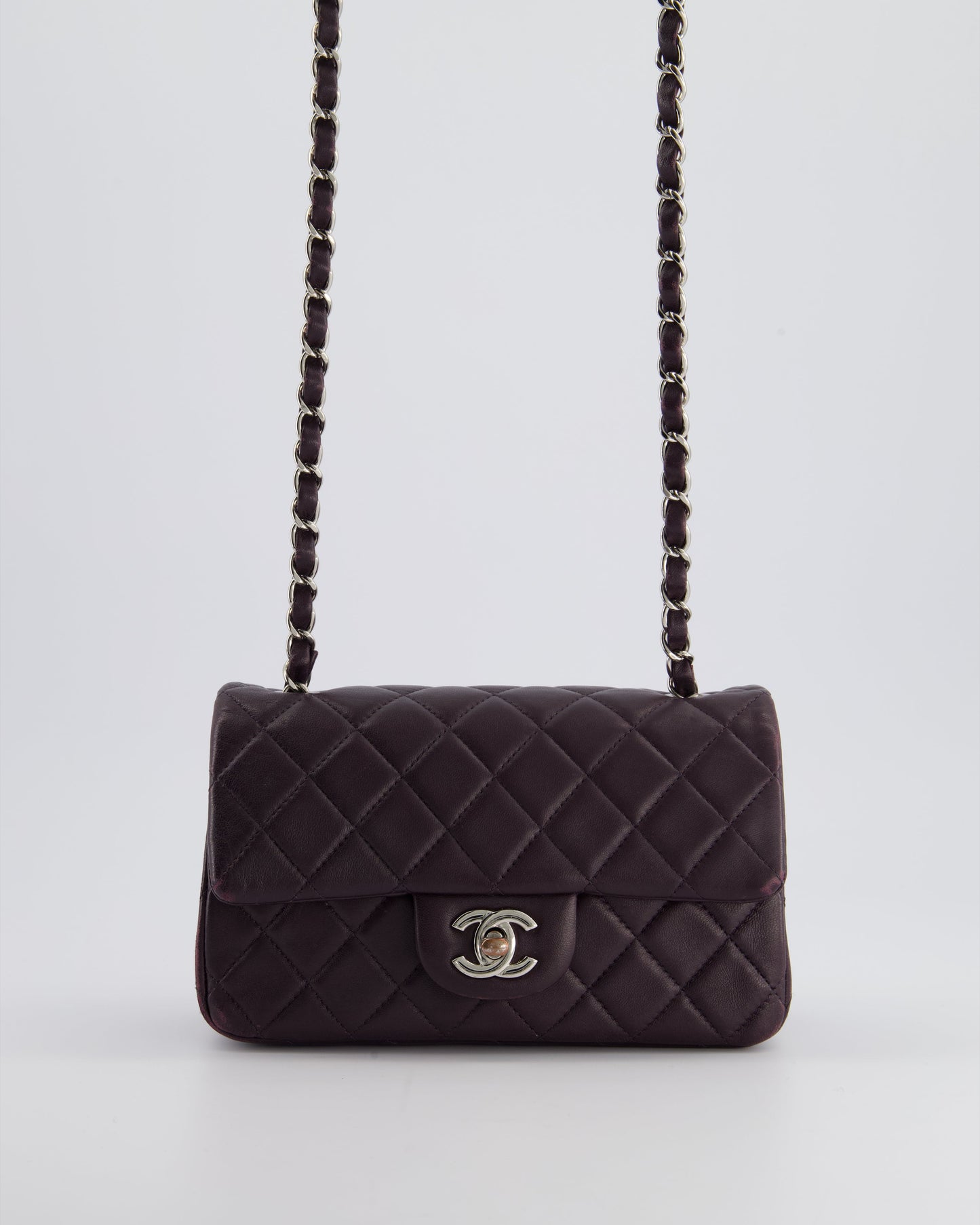 Chanel Aubergine Purple Mini Rectangular Classic Flap Bag in Lambskin Leather with Silver Hardware