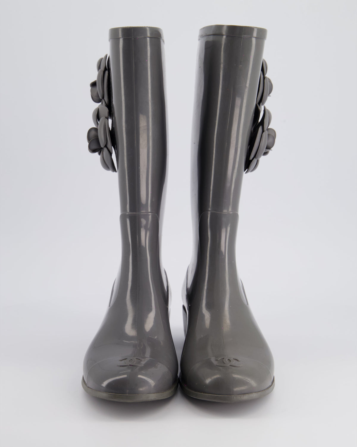 Chanel Stone Grey Rubber Rain Boots with Camelia & CC Logo Detail Size EU 37