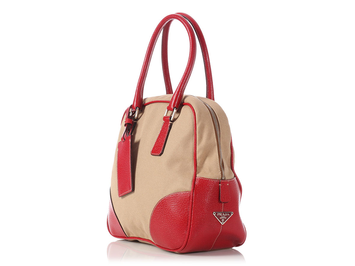 Prada Beige Canvas and Red Leather Bowling Bag