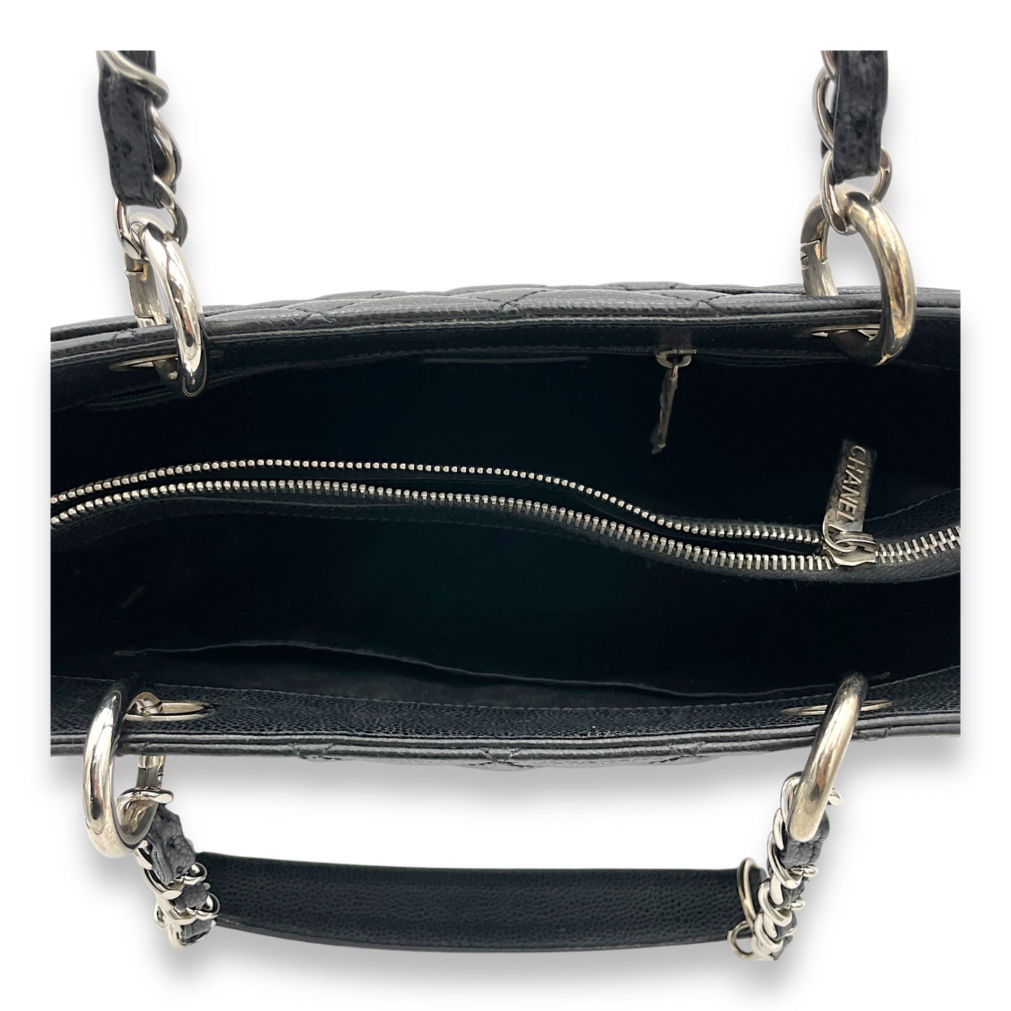 GST Black Tote Bag in Caviar Leather, Silver hardware