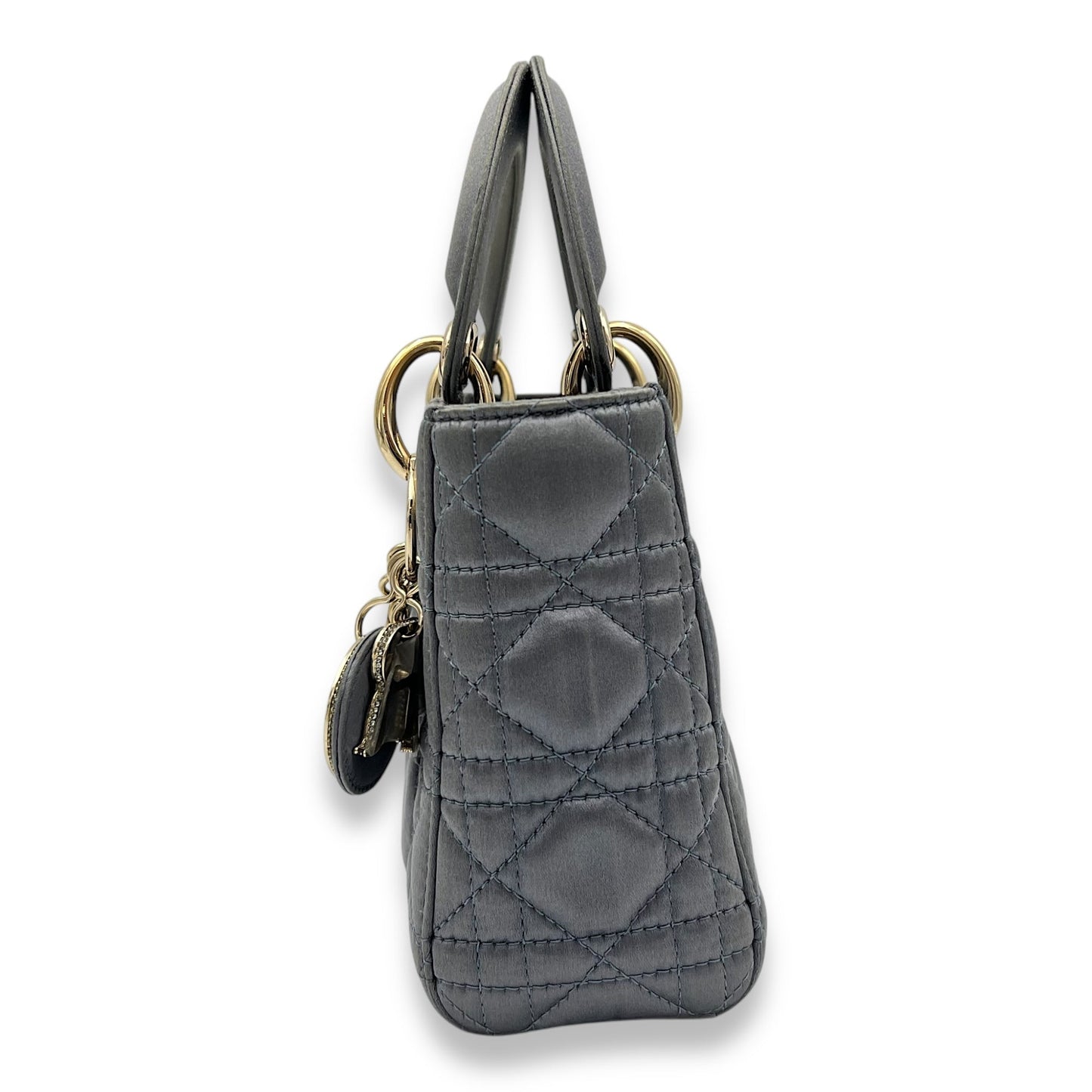 Lady Dior Top Handle Bag Mini Grey in Satin, Gold hardware
