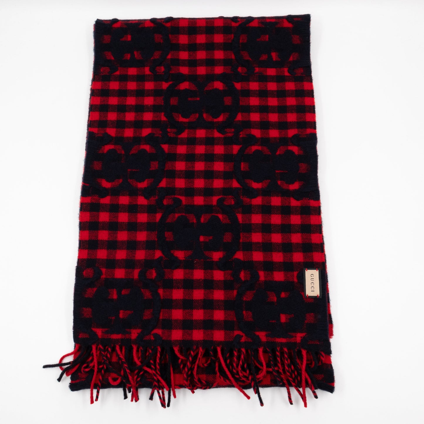 Gucci GG Plaid Tartan Wool Scarf Stole Red & Dark Blue