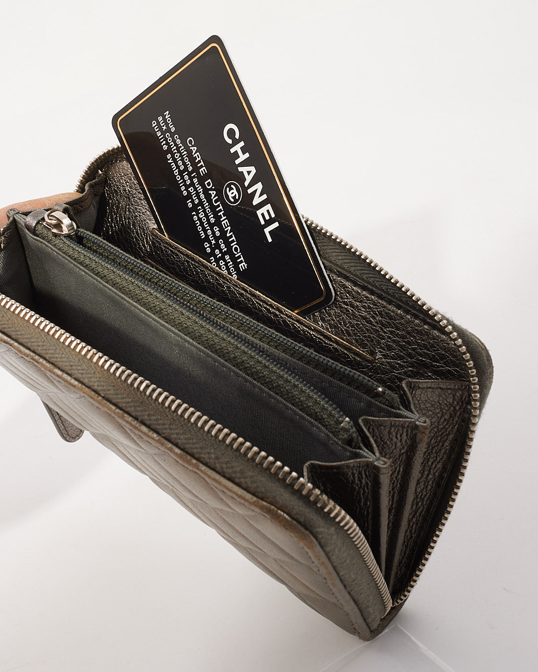 Chanel Silver Quilted Leather CC Zip Around Wallet