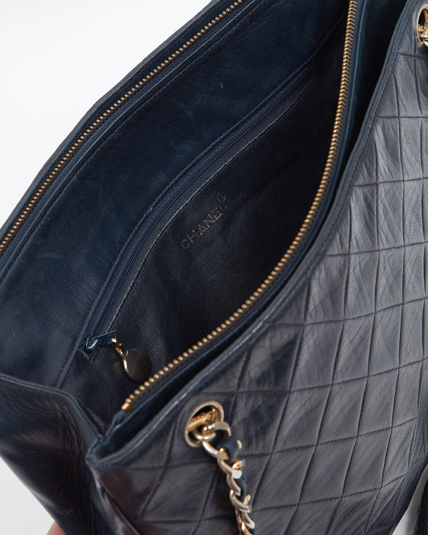 Chanel Vintage Navy Lambskin CC Chain Logo Tote Bag