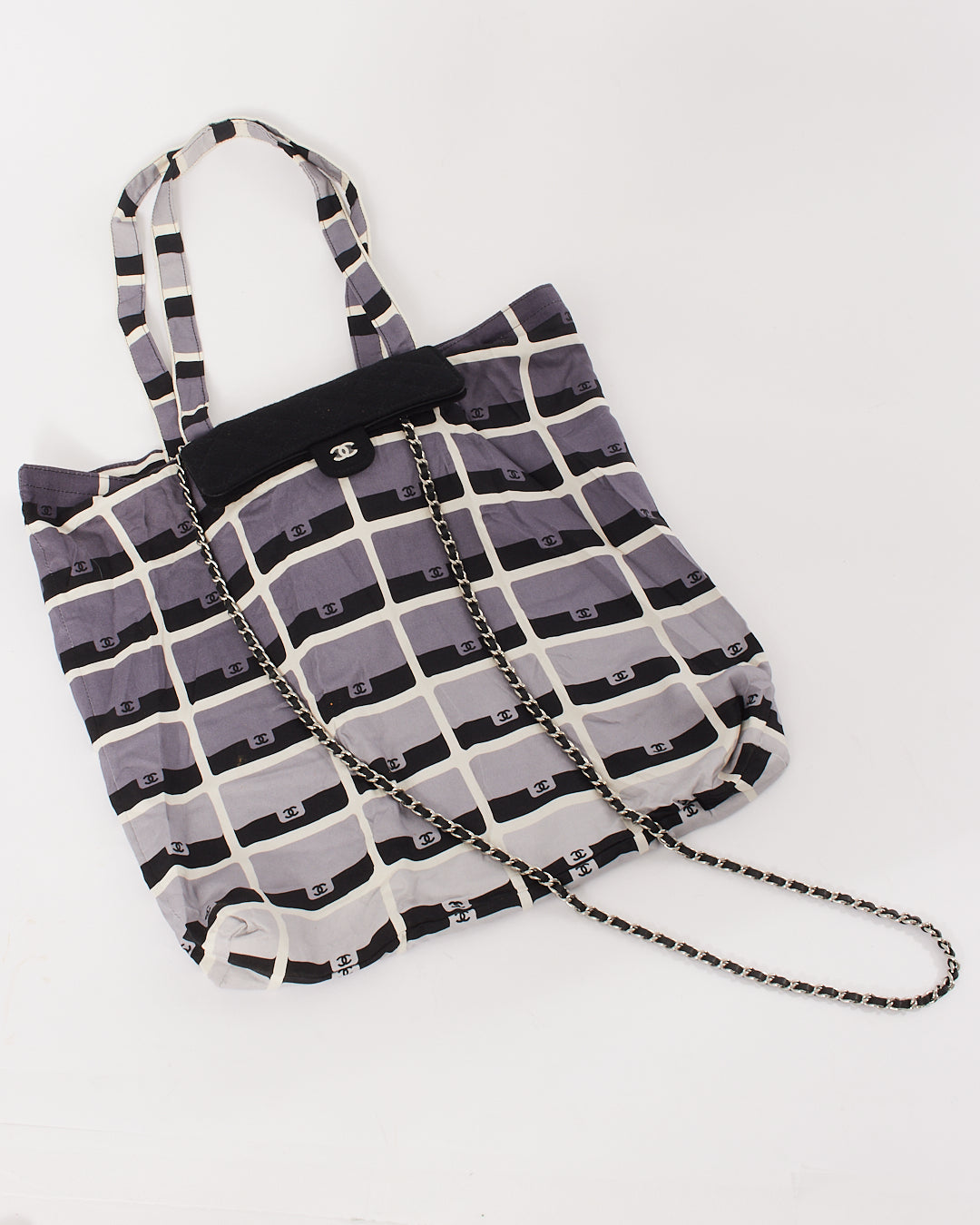 Chanel Black/Grey Wool/Multi Logo Mini Flap/Foldable Shopping Tote