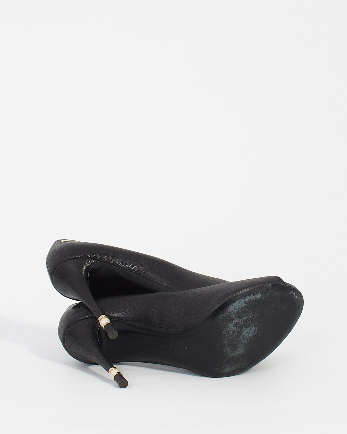 Chanel Black Leather CC Pearl Embellished Heel Peep Toe Pumps - 39.5