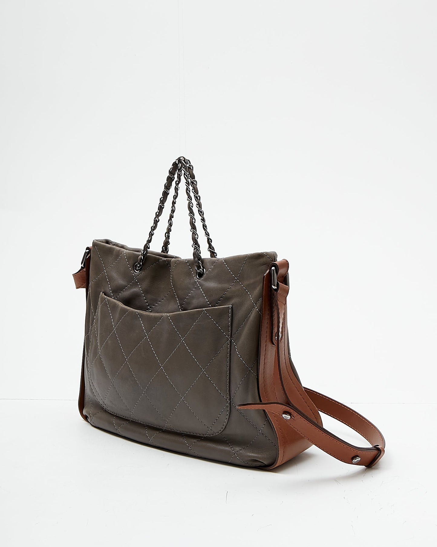 Chanel Grey/Tan Quilted Leather Convertible Messenger Tote Bag