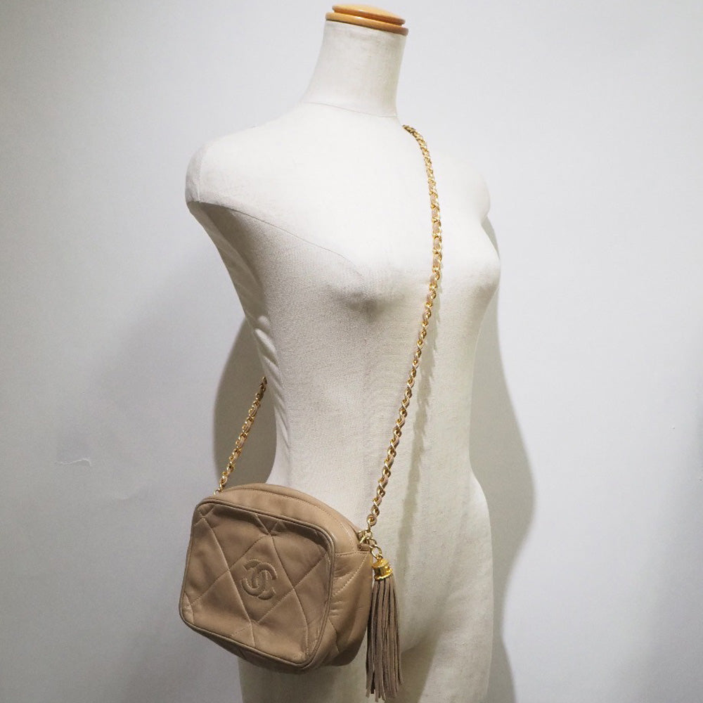 CHANEL Shoulder Bag lambskin beige Matrasse Fringe ChainShoulder Women Used