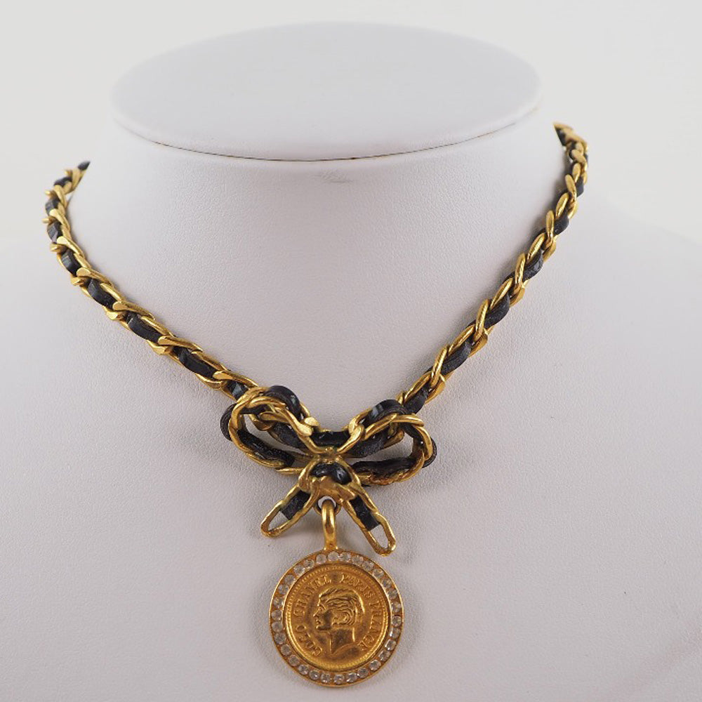 CHANEL Necklace Plated Gold, Rhinestones gold choker vintage coin ribbon Women Used