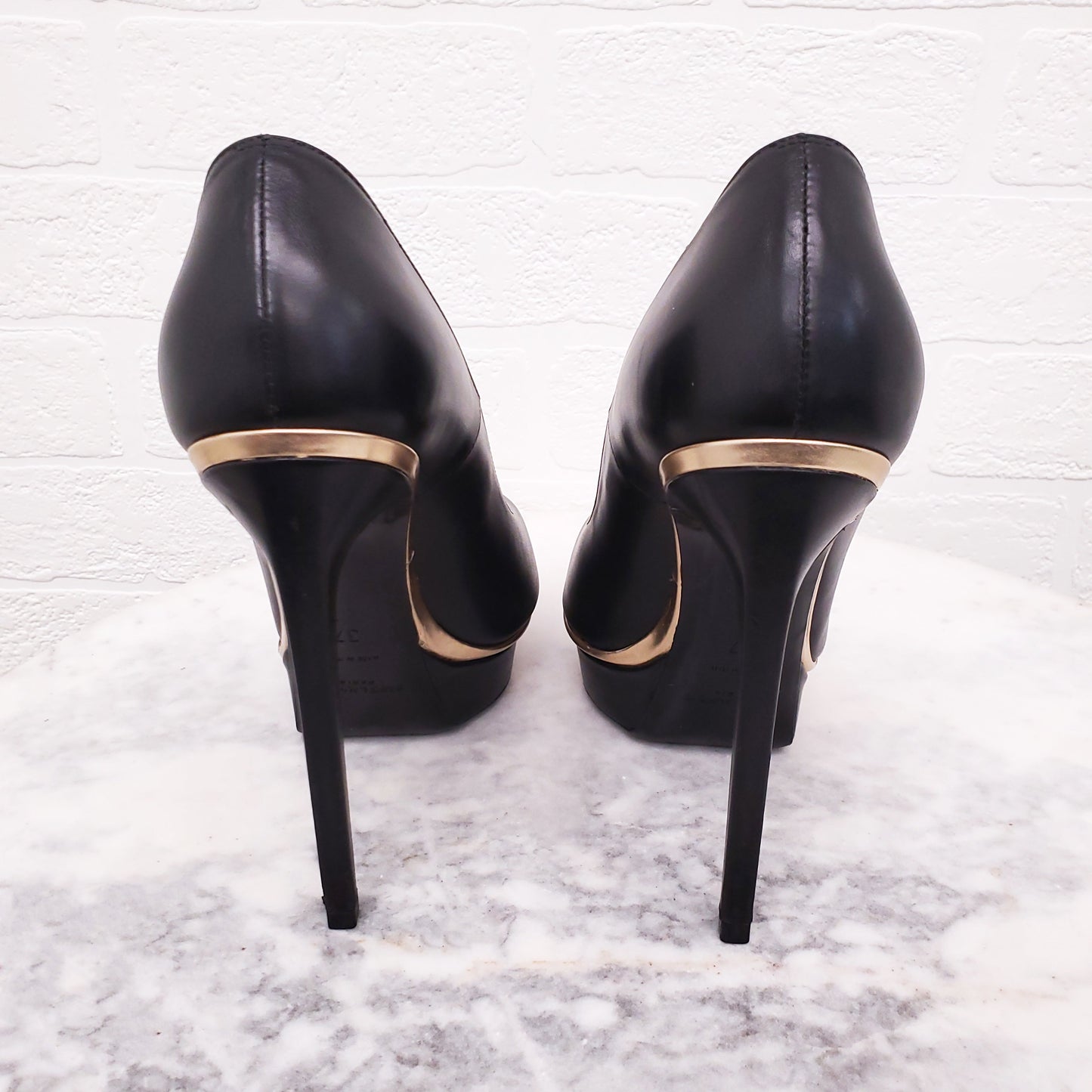 SAINT LAURENT BLACK AND GOLD 'JANIS' PLATFORM HEELS - SIZE 37