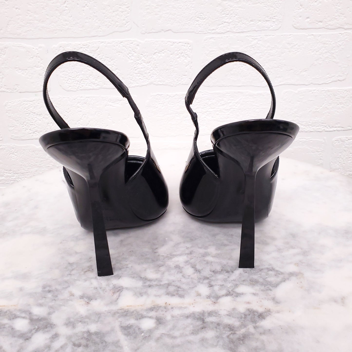 SAINT LAURENT BLACK PATENT 'MADAME' SLINGBACK HEELS - SIZE 36